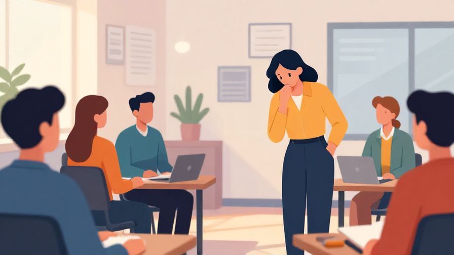 Illustration of a person quietly leaving a group conversation, bowing slightly, indoor office background, calm evening lighting, vibrant colors, illustrated style