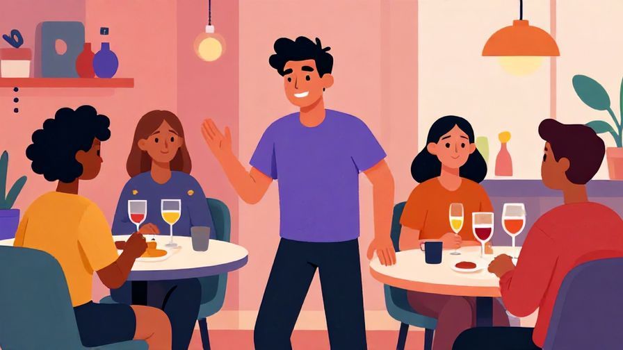 Illustration of a person quietly slipping out of a group conversation, with a mischievous smile, casual indoor party setting, vibrant colors, illustrated style