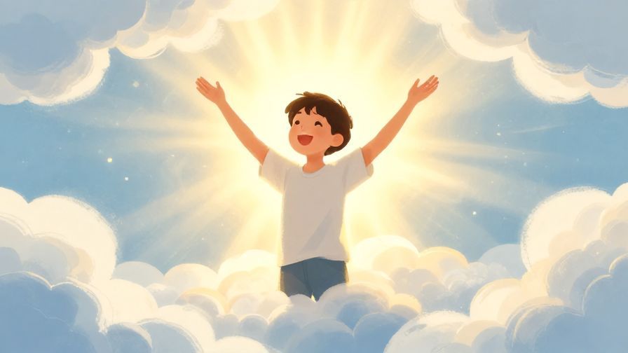 Illustration of a person radiating light and joy because of another nearby, with heavenly clouds and soft light rays