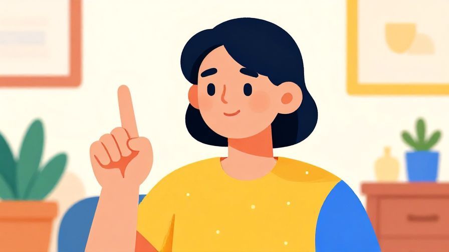 Illustration of a person raising a finger as if making a clear point, smiling gently, bright indoor setting, vibrant colors, illustrated style