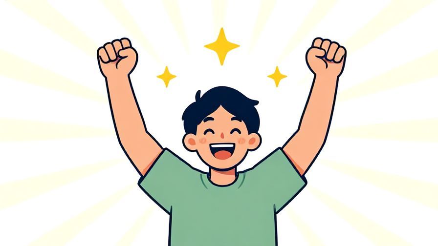 Illustration of a person raising a fist in victory with a joyful expression, stars and sun rays in the background