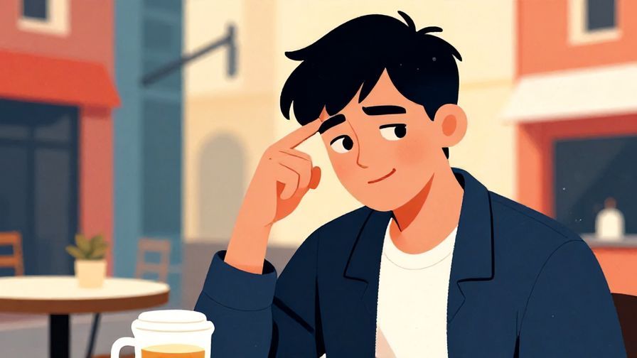 Illustration of a person raising an eyebrow with a slight smile, conveying light disagreement, urban café setting, vibrant colors