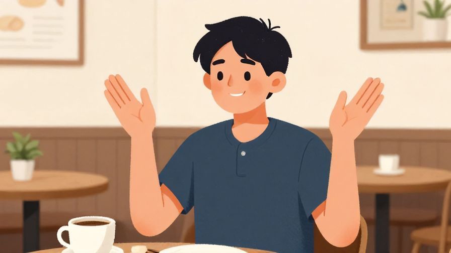 Illustration of a person raising both hands in surrender with a smile, casual indoor café setting, illustrated style