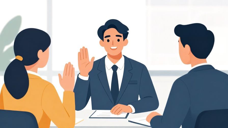 Illustration of a person raising hand in agreement during a formal discussion, office background