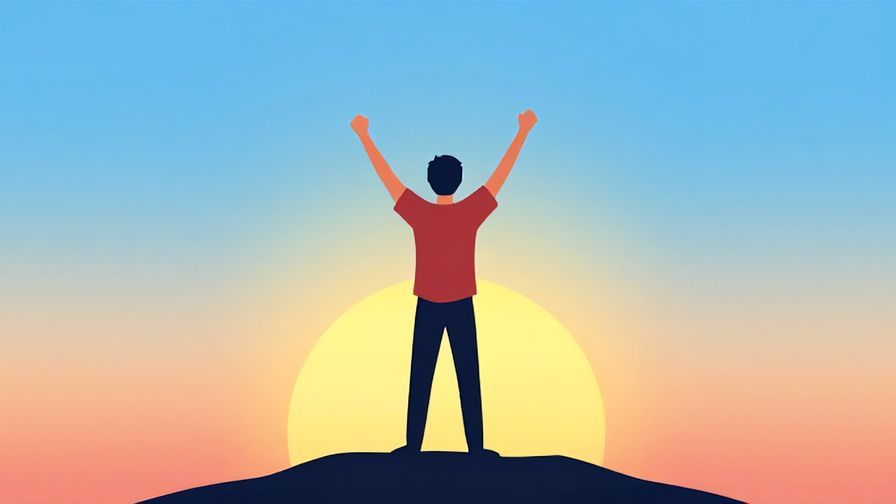 Illustration of a person raising their arms joyfully on a hilltop at sunrise, vibrant colors and a clear sky expressing triumph