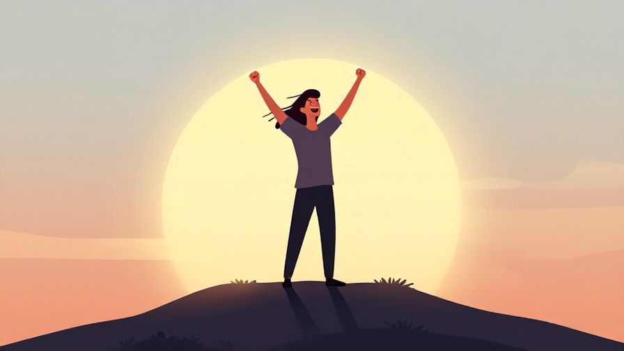 Illustration of a person raising their arms victoriously on top of a hill at sunrise, joyful expression with wind blowing