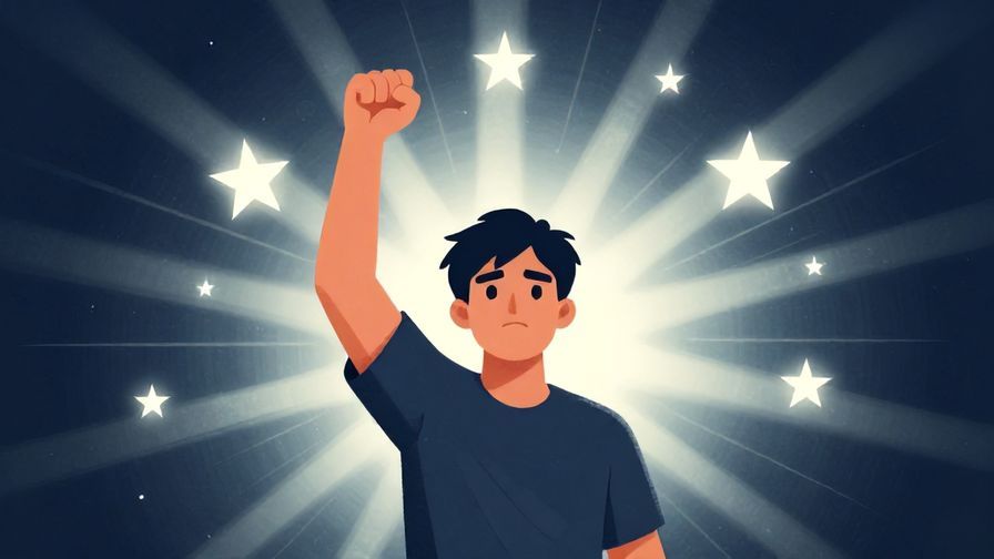 Illustration of a person raising their fist with determination, surrounded by bright stars and light rays
