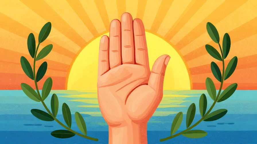 Illustration of a person raising their right hand solemnly with a sunrise background and olive branches, vibrant colors, illustrated style