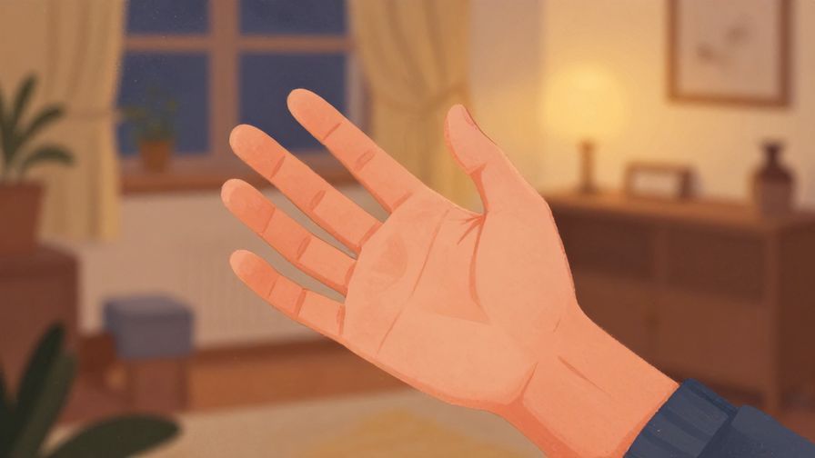 Illustration of a person reaching out their hand warmly to another, with a cozy home background, warm evening light, illustrated style