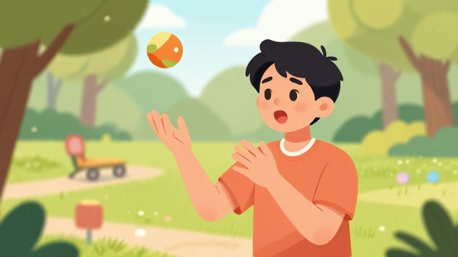 Illustration of a person reacting instantly to catch a falling object, surprised but quick expression, playful park background