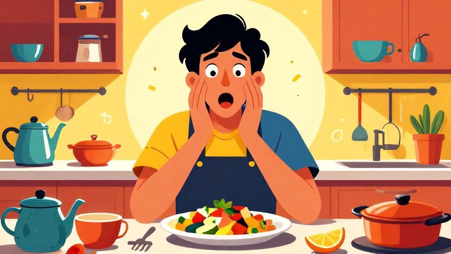 Illustration of a person reacting with excitement and surprise to a bold dish, colorful kitchen, dynamic lighting