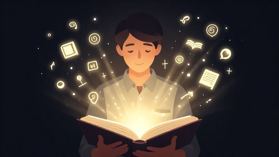 Illustration of a person reading a book surrounded by glowing light and floating symbols of knowledge