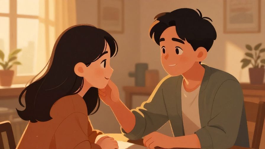 Illustration of a person reassuring another with a soft smile, surrounded by warm indoor lighting and cozy atmosphere