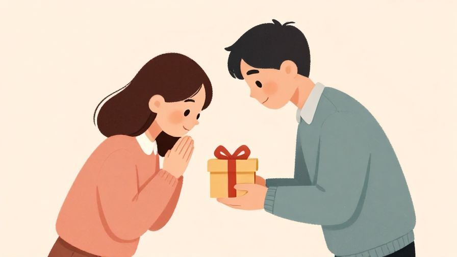 Illustration of a person receiving a thoughtful gift and bowing in gratitude, soft pastel background