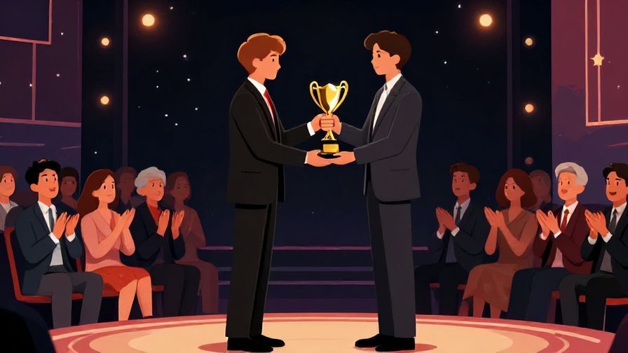 Illustration of a person receiving a trophy on stage with applause from an audience