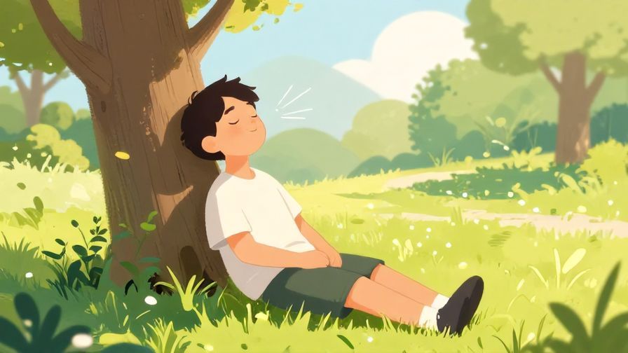Illustration of a person relaxing in a sunny park, eyes closed, enjoying a gentle breeze, soft natural colors