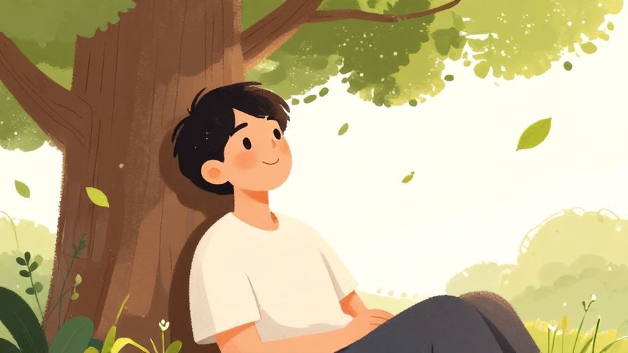 Illustration of a person relaxing with a gentle smile under a tree with floating leaves, expressing pleasant sweetness and contentment