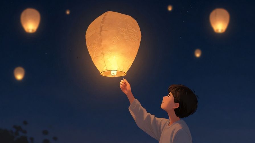Illustration of a person releasing a paper lantern into the night sky, symbolizing letting go, soft glowing lights, illustrated style