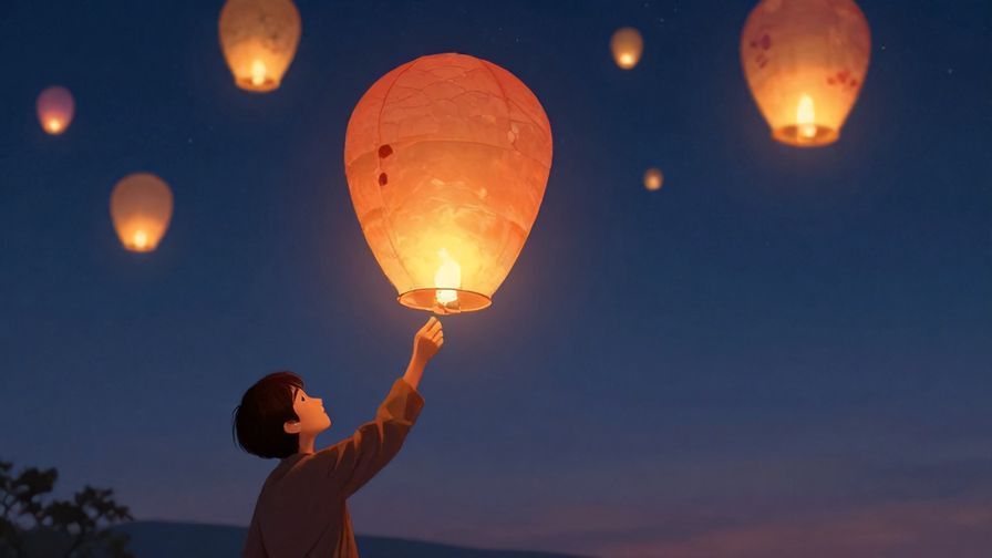 Illustration of a person releasing paper lanterns into the sky at twilight, hopeful and serene mood, colorful lanterns glowing, illustrated style