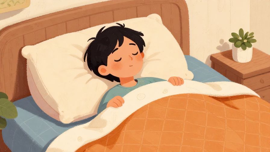 Illustration of a person resting comfortably in a cozy room with soft pillows and blankets, peaceful expression, vibrant colors, illustrated style