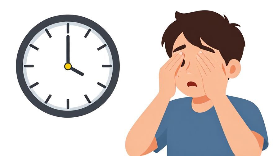 Illustration of a person rubbing their eyes in surprise, looking at a clock early morning, humorous style
