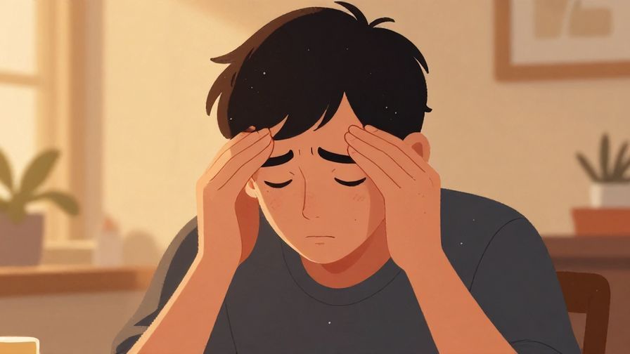 Illustration of a person rubbing their forehead, looking tired and worn out, cozy indoor setting, warm lighting, illustrated style