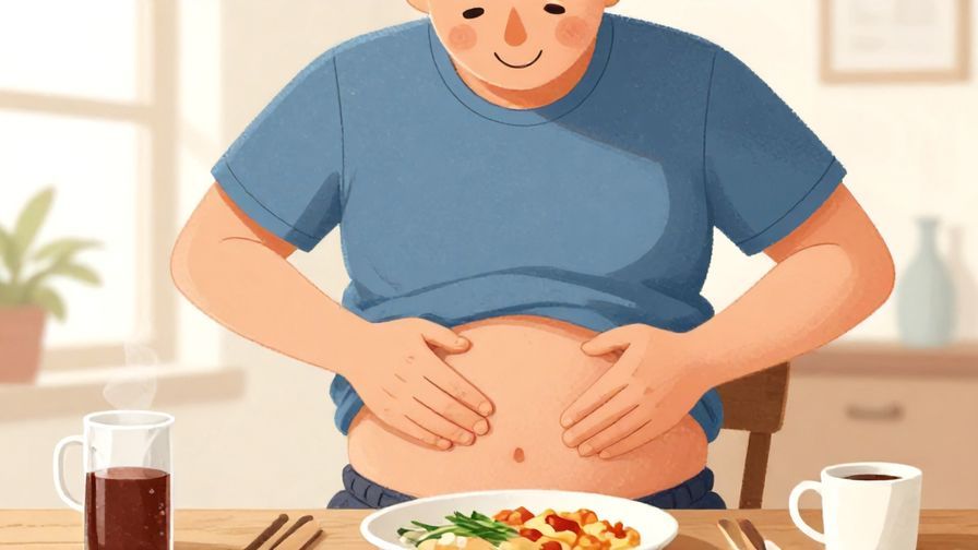 Illustration of a person rubbing their full belly and smiling happily after eating, casual home setting, illustrated style