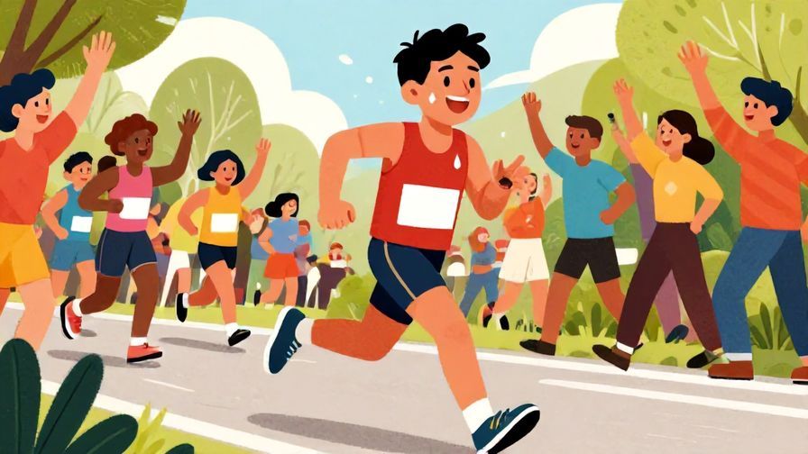 Illustration of a person running a long race, sweat on their brow but a bright smile, a cheering crowd in the background, vibrant colors, illustrated style