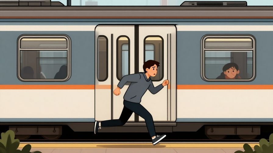 Illustration of a person running behind a closing train door with a worried expression, detailed urban setting
