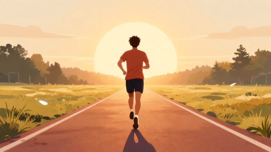 Illustration of a person running confidently on a straight path toward sunrise, bright and energetic atmosphere