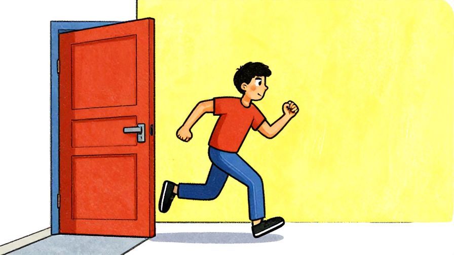Illustration of a person running towards a closing door with a determined expression, vibrant colors, illustrated style