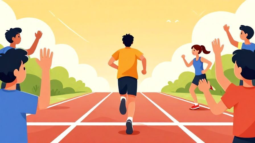 Illustration of a person running towards a finish line with another cheering them on, bright and energetic colors