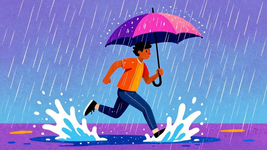 Illustration of a person running under heavy rain with a wide umbrella, puddles splashing, vibrant energetic colors