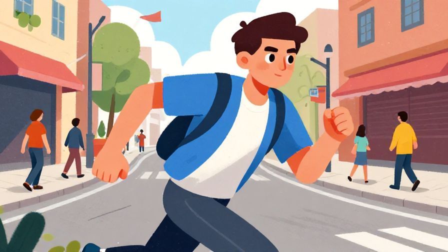 Illustration of a person rushing down a busy street, looking determined with a focused expression, vibrant colors, illustrated style