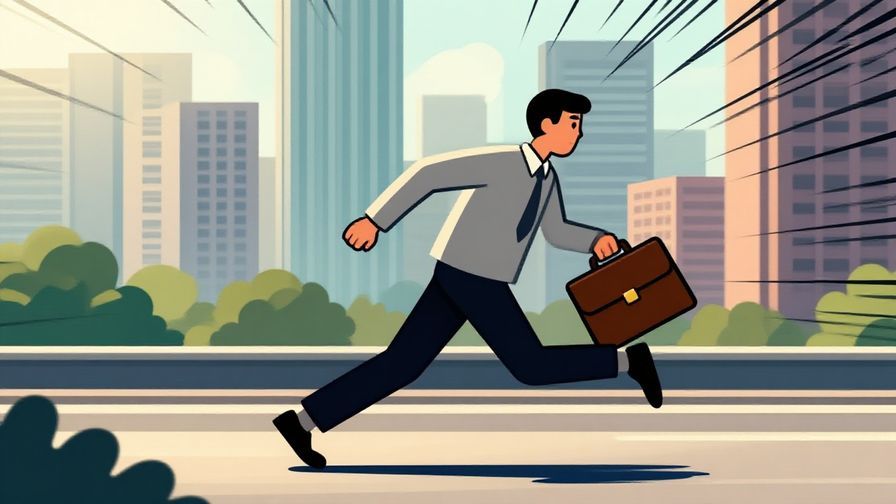 Illustration of a person rushing with a briefcase, cityscape in background, bright morning light, dynamic motion lines