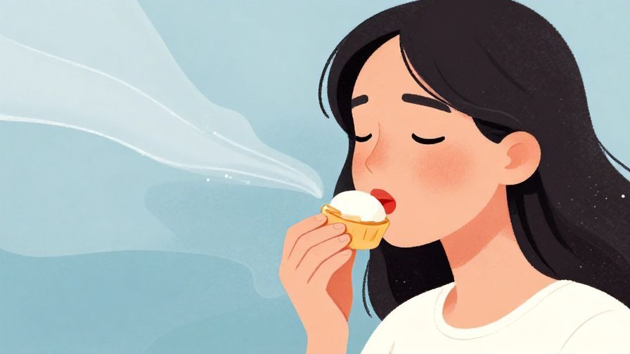Illustration of a person savoring a bite of a sweet dessert with a dreamy expression, symbolizing the taste of revenge, with gentle waves and soft dots in the background