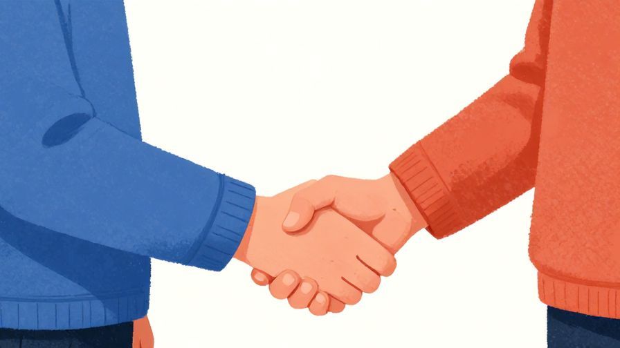 Illustration of a person shaking hands warmly with another, symbolizing sincerity and trust, vibrant colors, illustrated style