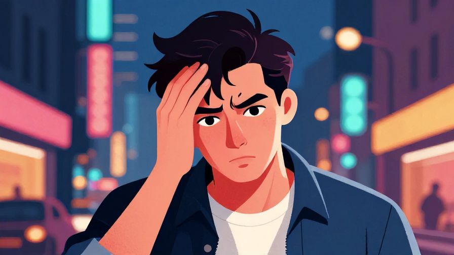 Illustration of a person shaking head firmly with a determined look, urban night background, vibrant colors, illustrated style