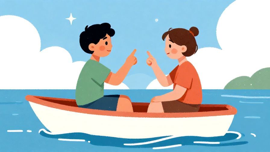 Illustration of a person shaking their finger at a friend on a small boat gently rocking, bright sunny day, playful style