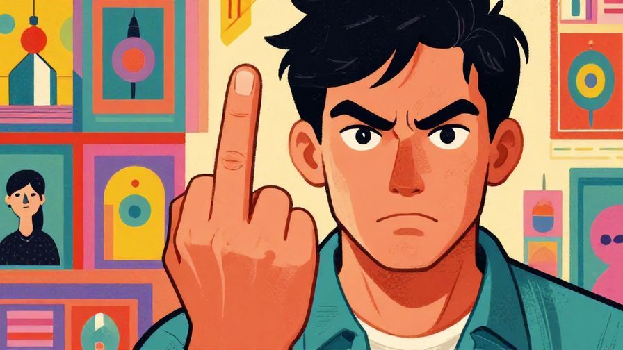 Illustration of a person shaking their finger firmly with an intense expression, detailed background, vibrant colors, illustrated style