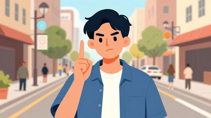 Illustration of a person shaking their finger with a playful frown, urban street scene, bright afternoon, illustrated style