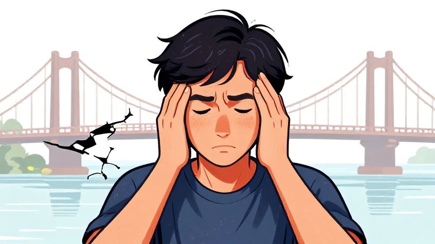 Illustration of a person shaking their head decisively, with a subtle background of a broken bridge, detailed background, vibrant colors, illustrated style