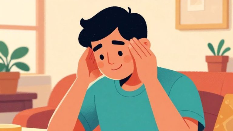 Illustration of a person shaking their head gently with a friendly smile, in a relaxed indoor setting, vibrant colors, illustrated style