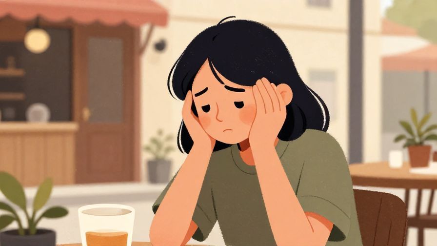 Illustration of a person shaking their head gently with a concerned but kind expression, outdoor café scene, warm colors, illustrated style