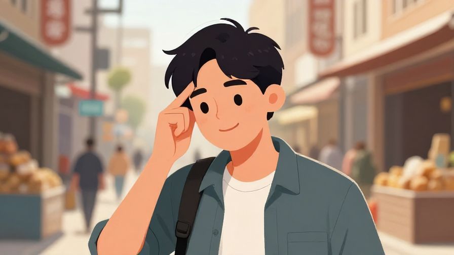 Illustration of a person shaking their head with a gentle smile, casual urban background like a street or market