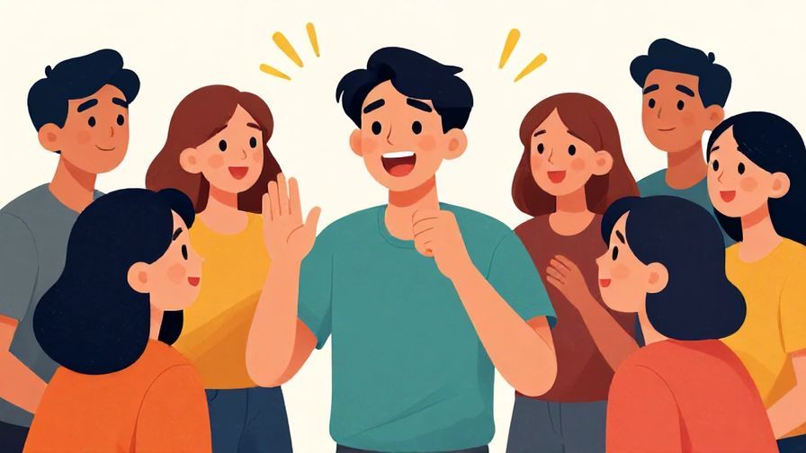 Illustration of a person sharing exciting news with a group, animated expressions, vibrant colors, illustrated style