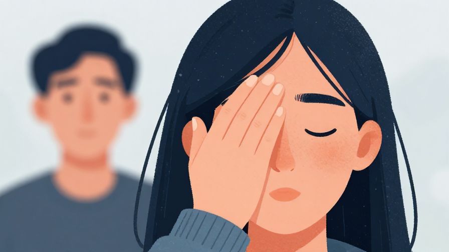 Illustration of a person shielding their eyes with a hand, another person’s blurred face in the background, cold color palette, illustrated style