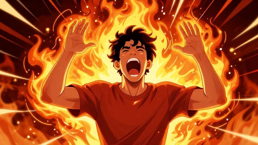 Illustration of a person shouting energetically with hands raised, surrounded by fiery energy and dynamic lines