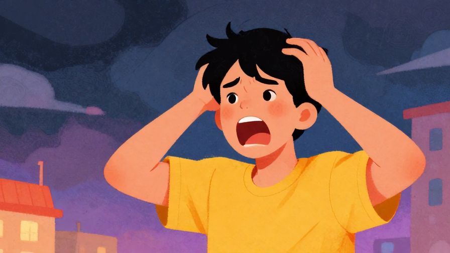 Illustration of a person shouting with frustration, a stormy sky in the background, vibrant colors, illustrated style