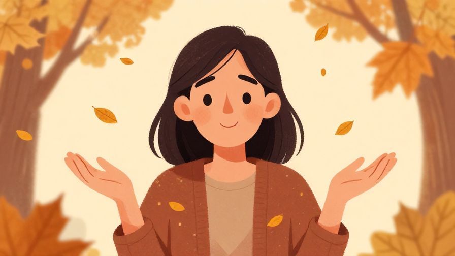 Illustration of a person shrugging gently with a soft smile, surrounded by falling autumn leaves, expressing acceptance